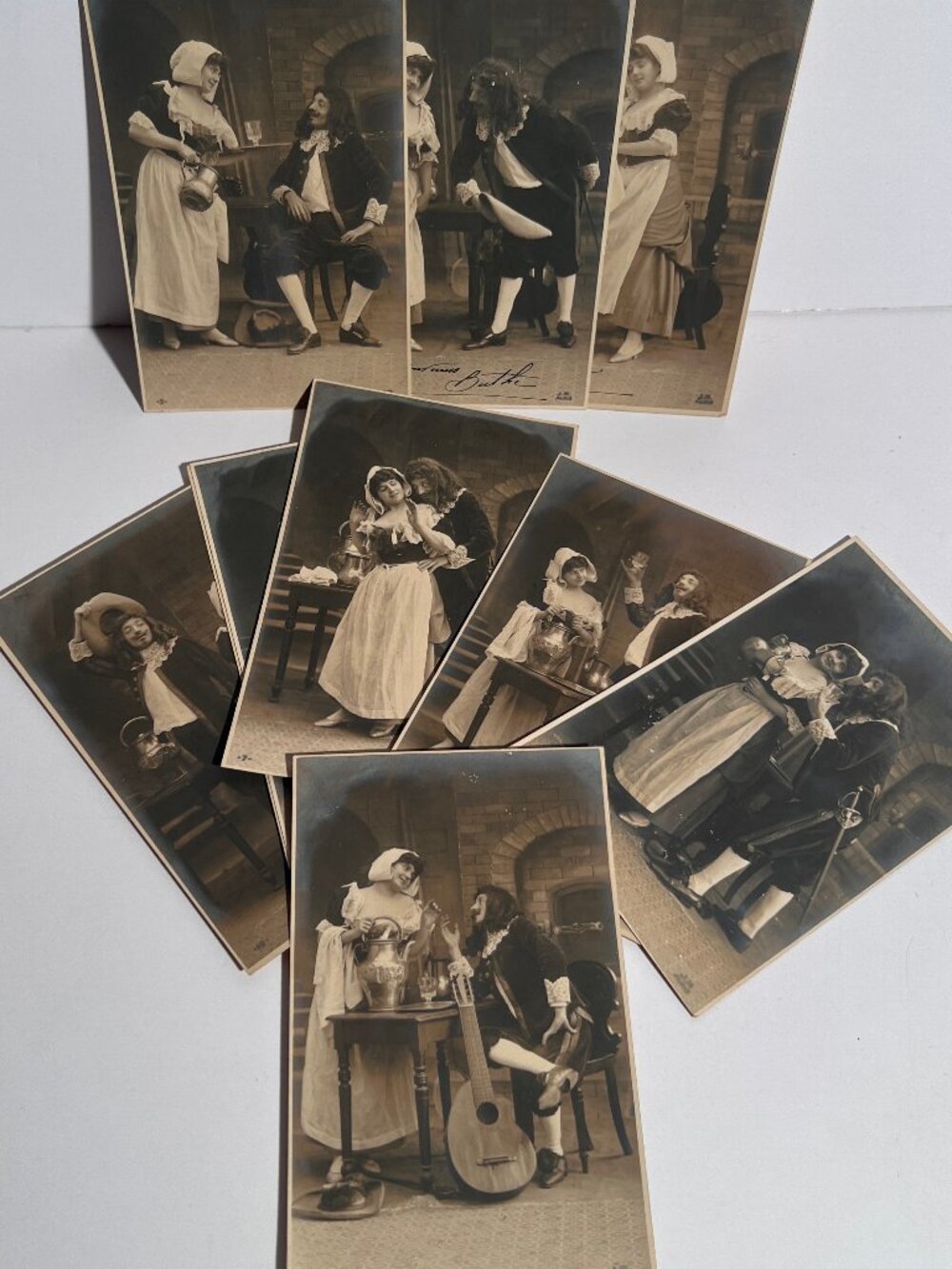 Lot of 8 Antique French Postcards Staged Romantic Tavern Scene Real Photo J.M. P